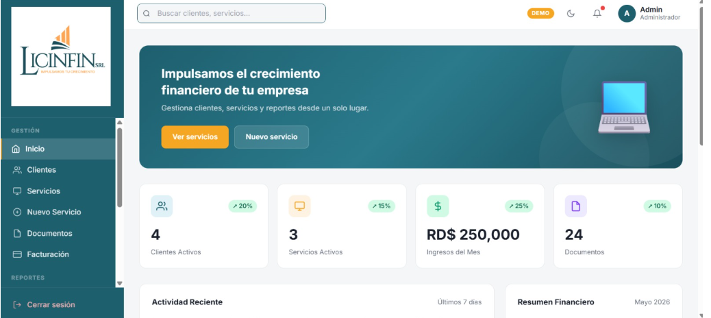 Dashboard principal de LICINFIN